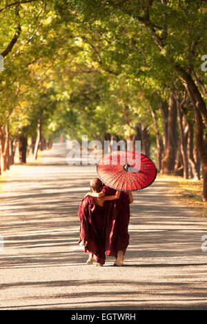 Two young monks walking arm in arm along a road with parasol, Bagan, Myanmar ( Burma ), Asia Stock Photo