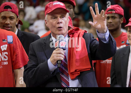 Madison, Wisconsin, USA. 1st March, 2015. Wisconsin coach Bo Ryan talks to the crowd after winning the Big Ten Championship at the Kohl Center in Madison, WI. Wisconsin defeated Michigan State 68-61. Credit:  Cal Sport Media/Alamy Live News Stock Photo