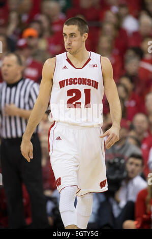 Madison, Wisconsin, USA. 1st March, 2015. Wisconsin Badgers guard Josh Gasser #21 during the NCAA Basketball game between the Wisconsin Badgers and Michigan State Spartans at the Kohl Center in Madison, WI. Wisconsin defeated Michigan State 68-61. Credit:  Cal Sport Media/Alamy Live News Stock Photo