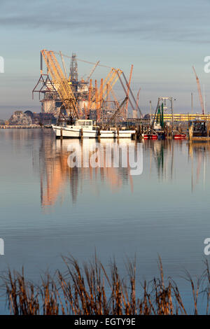 Ingleside Bay, fishing boat & service vessels, construction of 'Big Foot' deepwater oil & gas platform. Stock Photo