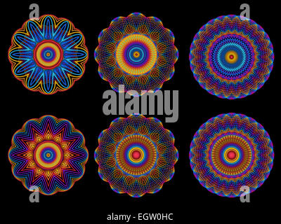 Collection of Psychedelic Kaleidoscope Spirograph Motifs Stock Photo