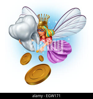 Tooth fairy character as a mythical and magical princess wearing a golden tooth brush crown from a childhood fairytale holding a human molar tooth and giving money coins as a reward. Stock Photo