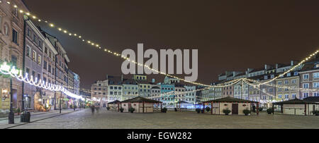 Panoramic view of Old Town in Warsaw at night, Poland. Stock Photo
