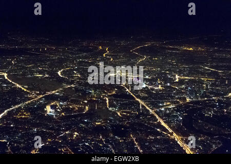 View of night Moscow from the plane, Russia . Stock Photo