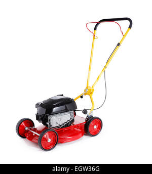New red retro styled lawn mower isolated on white with natural shadows. Stock Photo