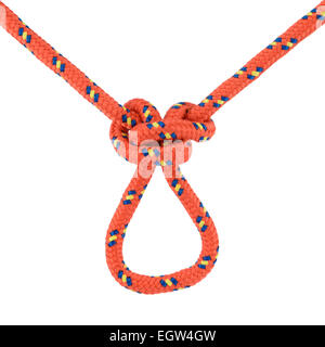 Red butterfly knot in the middle of a rope, isolated on white. Useful for making non-slip loops in the middle of a rope to attac Stock Photo