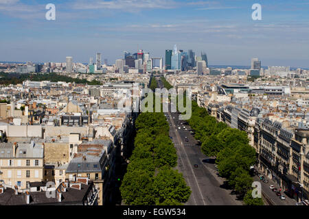 Parisienne view from the top of the Arc de Triomphe, looking down Avenue de la Grande Armée with La Defense in the distance Stock Photo