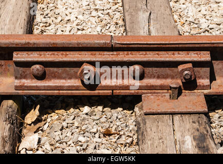 Front view of rusted railway ties linked with four bolts. Stock Photo