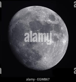 London, UK. 2nd March, 2015. Closeup of a 91% illuminated waxing gibbous moon in clear night sky. Credit:  Malcolm Park editorial/Alamy Live News Stock Photo