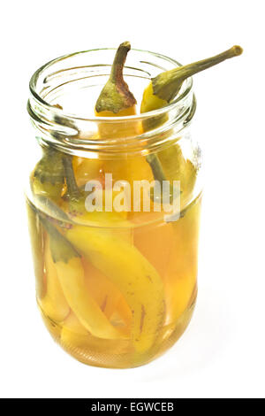 Hot chili peppers in jar isolated on white Stock Photo