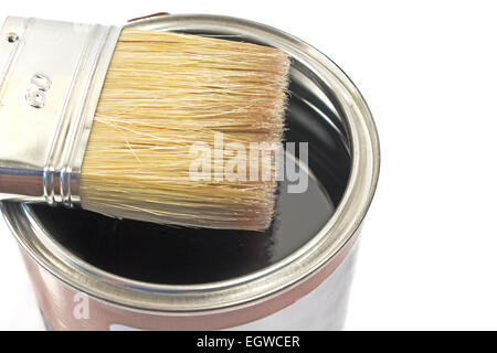 Paint brush and varnish can on white Stock Photo