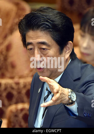 Tokyo, Japan. 3rd Mar, 2015. Japan's Prime Minister Shinzo Abe gestures as he answers an opposition lawmaker during a budget committee deliberation at the Diet's lower house in Tokyo on Tuesday, march 3, 2015. The deliberation was focused upon illegal handling of political funds by two key Cabinet ministers. Credit:  Natsuki Sakai/AFLO/Alamy Live News Stock Photo