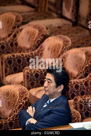 Tokyo, Japan. 3rd Mar, 2015. Japan's Prime Minister Shinzo Abe sits alone in his chair during a budget committee deliberation at the Diet's lower house in Tokyo on Tuesday, march 3, 2015. The deliberation was focused upon illegal handling of political funds by two key Cabinet ministers. Credit:  Natsuki Sakai/AFLO/Alamy Live News Stock Photo