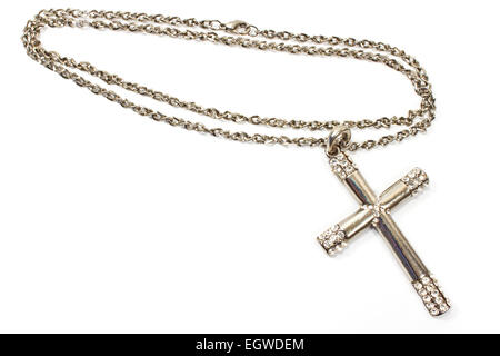 Silver christian cross necklace isolated on white Stock Photo
