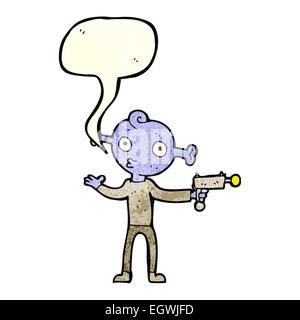 cartoon alien with ray gun with speech bubble Stock Vector