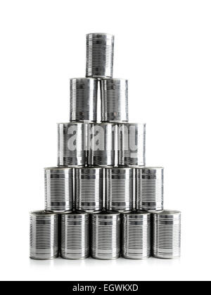 Pyramid of empty food cans shot on white background Stock Photo