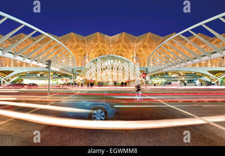 Portugal, Lisbon: Nocturnal illuminated station Garé do Oriente at Nation´s Park Stock Photo