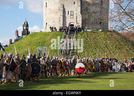 People in costume dressed as Vikings and Anglo Saxons at the annual Viking Festival York North Yorkshire England UK United Kingdom GB Great Britain Stock Photo