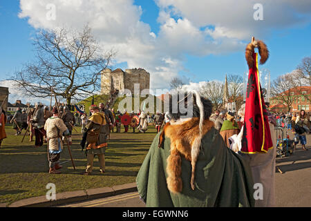 People dressed as in costume Vikings and Anglo Saxons at the annual Viking Festival York North Yorkshire England UK United Kingdom GB Great Britain Stock Photo