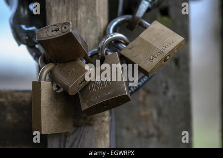 A close-up shot of six padlocks interlinked with a chain to secure a wooden gate in rural Britain. Stock Photo