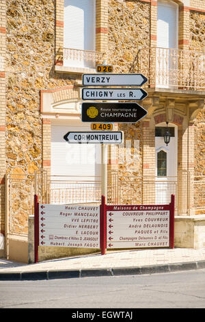 Road signs with list of Champagne Houses in Rilly-la-Montagne, Champagne, France, Europe Stock Photo