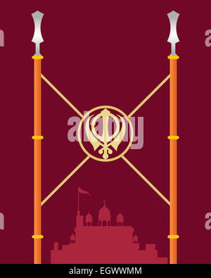 an illustration of a stylized gurdwara greeting card with symbolic spears covered in saffron color cloth Stock Photo