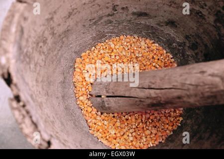 Corn being grinded with mortar and pestle made of wood to produce flour. This method has been in use for many thousand years. Stock Photo