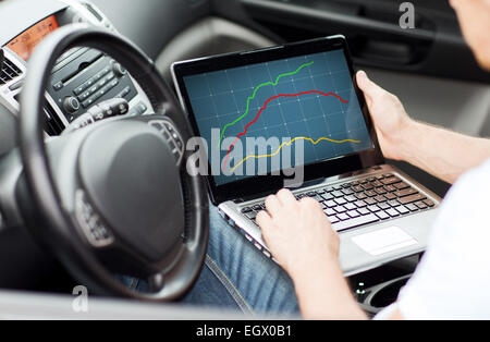 close up of man using laptop computer in car Stock Photo
