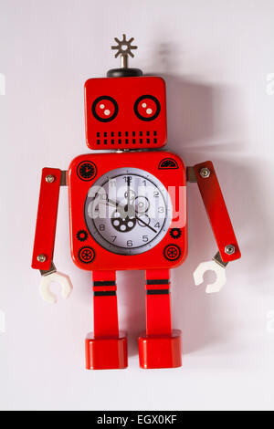 kids red robot alarm clock isolated on white background Stock Photo