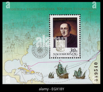 HUNGARY - CIRCA 1991: Stamp printed in Hungary from the  issue The 500th Anniversary of the Discovery of America shows Columbus, Stock Photo