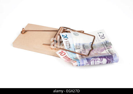 Mouse trap with Euro and Pound bills isolated over white with clipping path. Stock Photo