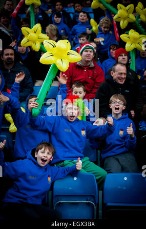 London Welsh rugby supporters celebrating on Saint David's Day (March 1st 2015) and waving inflatable daffodils Stock Photo