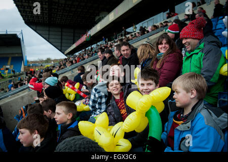 London Welsh rugby supporters celebrating on Saint David's Day (March 1st 2015) and waving inflatable daffodils Stock Photo