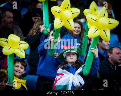 London Welsh rugby supporters celebrating on Saint David's Day (March 1st 2015) and waving inflatable daffodils Stock Photo