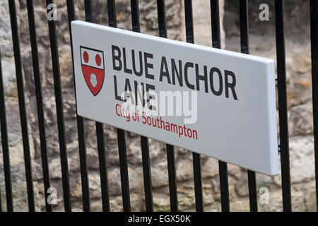 Blue Anchor Lane City of Southampton sign on railings at Southampton, Hampshire, UK in March Stock Photo