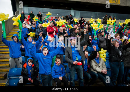 London Welsh rugby supporters celebrating on Saint David's Day (March 1st 2015) and waving inflatable daffodils Stock Photo