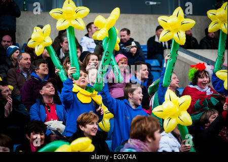 London Welsh rugby supporters celebrating on Saint David's Day (March 1st 2015) and waving inflatable daffodils Stock Photo