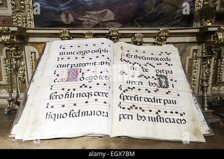 Old music book in a church, detail of a work of ancient art Stock Photo