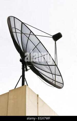 Big Black Satellite Dish on office building isolated on White sky Stock Photo