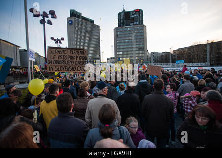 Ljubljana, Slovenia. 03rd Mar, 2015. Protests against change of the Family Code in Slovenian law organized by so-called Coalition for children on Republic square in the front of the Parliament building in Ljubljana. Credit:  Nejc Trpin/Alamy Live News Stock Photo