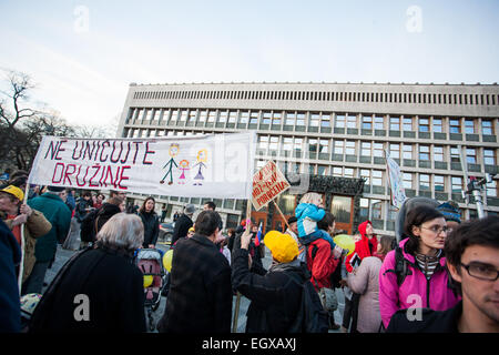 Protests against change of the Family Code in Slovenian law organized by so-called Coalition for children on Republic square in the front of the Parliament building in Ljubljana. Stock Photo