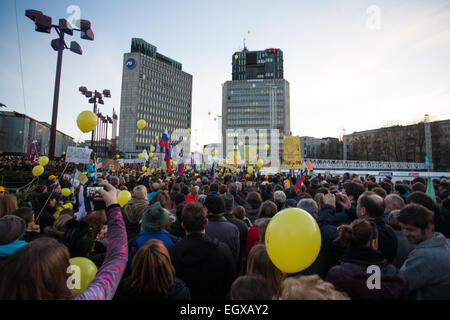 Protests against change of the Family Code in Slovenian law organized by so-called Coalition for children on Republic square in the front of the Parliament building in Ljubljana. Stock Photo