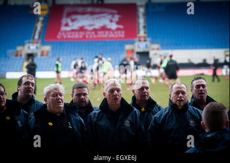 Welsh male voice choir at London Welsh v London Irish Aviva Premiership Rugby match on St Davids Day (1 March 2015) Stock Photo