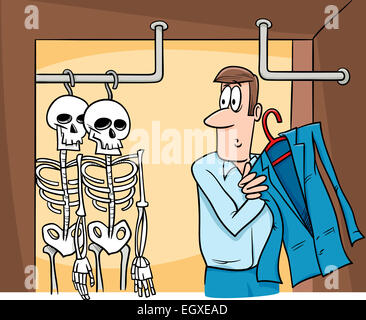 Cartoon Humor Concept Illustration of Skeletons in the Closet Saying or Proverb Stock Photo