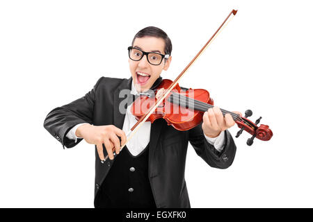 Joyful musician playing a violin isolated on white background Stock Photo