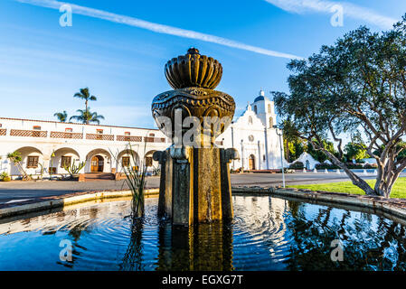 The fountain in front of the Mission San Luis Rey De Francia (founded 1798). Oceanside, California, United States. Stock Photo