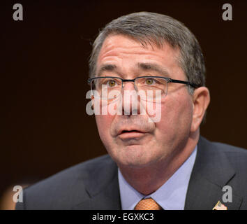 Washington, DC, USA. 3rd Mar, 2015. U.S. Defense Secretary Ashton Carter testifies before a Senate Armed Services Committee hearing on Defense Authorization request for fiscal year 2016 and the future years defense program on Capitol Hill in Washington, DC, capital of the United States, March 3, 2015. Credit:  Bao Dandan/Xinhua/Alamy Live News Stock Photo