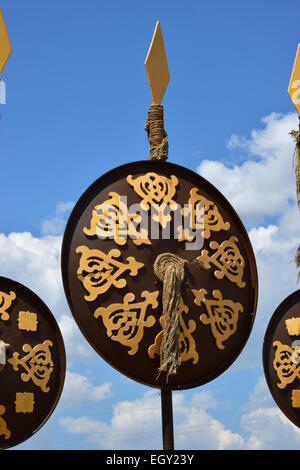 Decorative shields in oriental style with gilded elements, in Astana, Kazakhstan Stock Photo