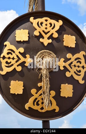 Decorative shields in oriental style with gilded elements, in Astana, Kazakhstan Stock Photo