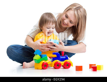 kid with his mom play building blocks toys Stock Photo